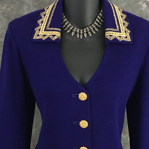 BEAUTIFUL st john evening knit purple gold rhinestones embellished skirt suit 8 - Picture 5 of 11